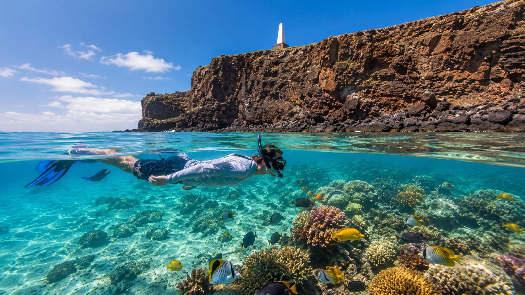 Snorkeler above vibrant coral reef near rocky coastline with clear blue sky.