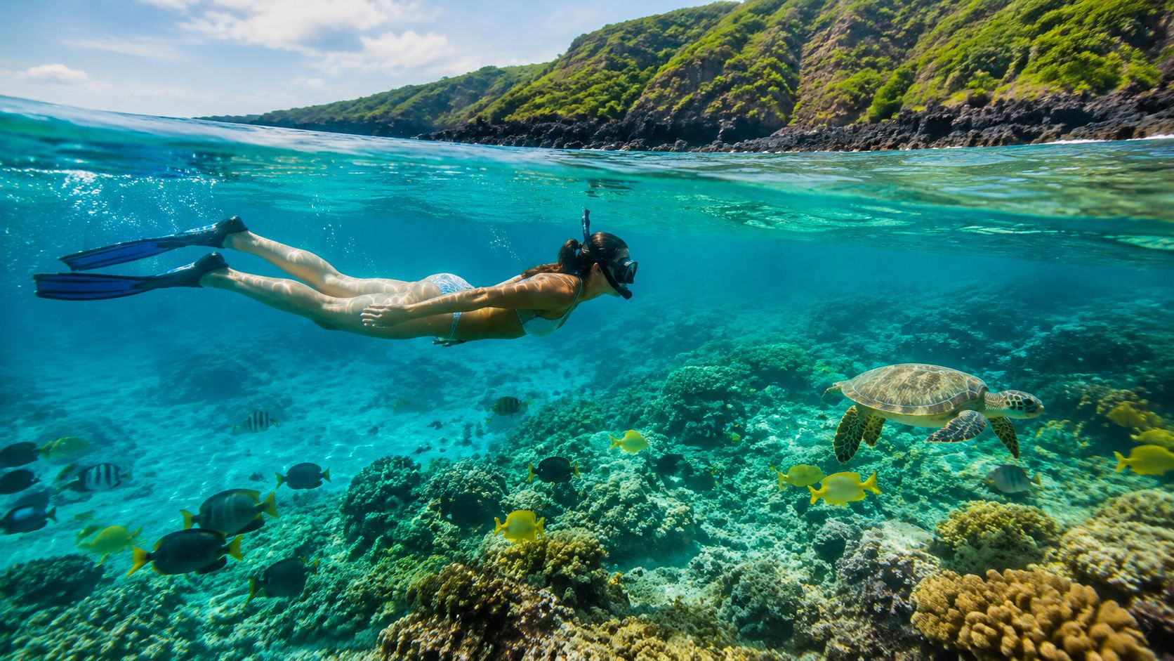 Person snorkeling near a sea turtle over colorful coral, with a hilly coastline in the background.