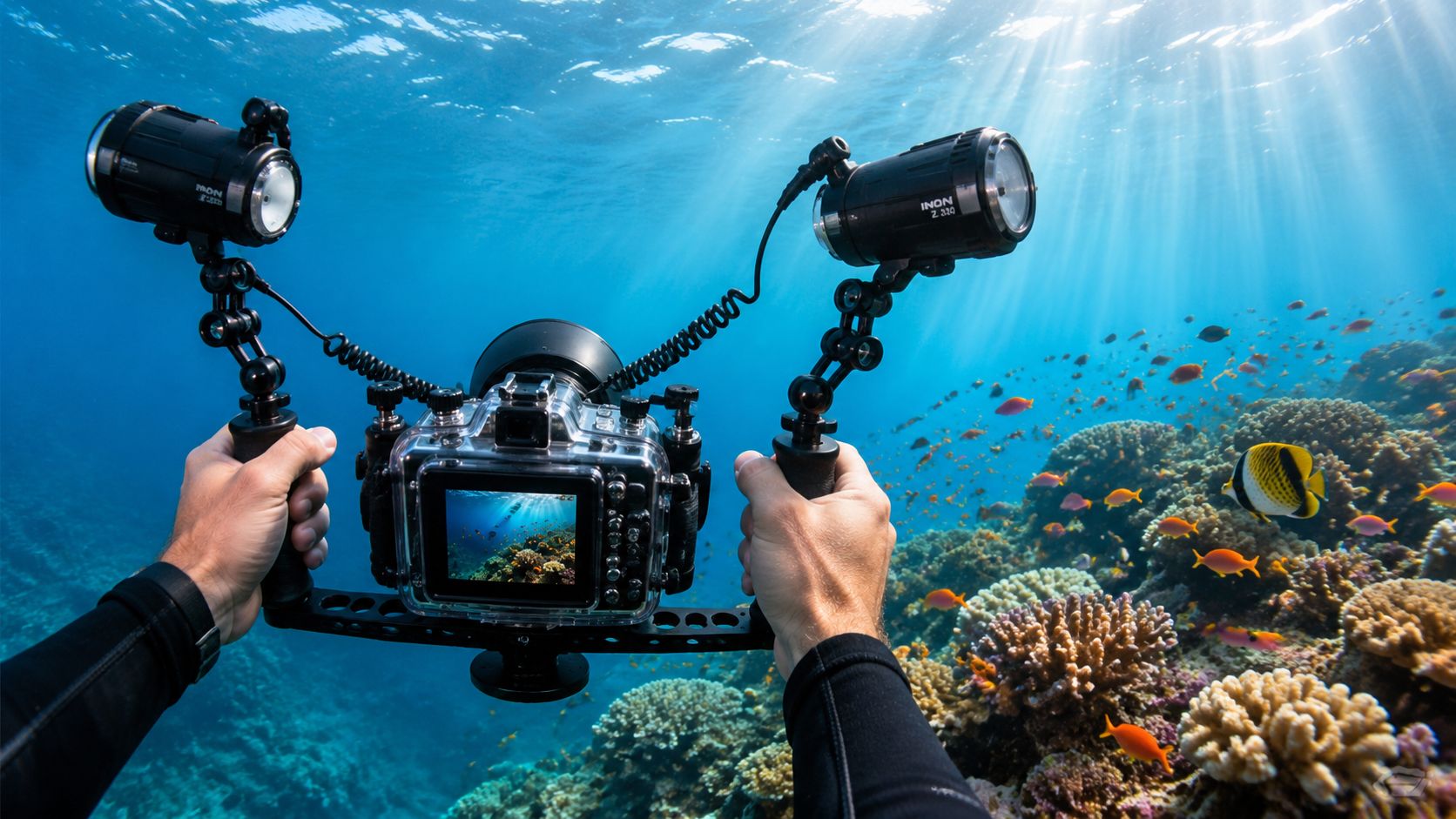 Person photographing colorful coral reef underwater.