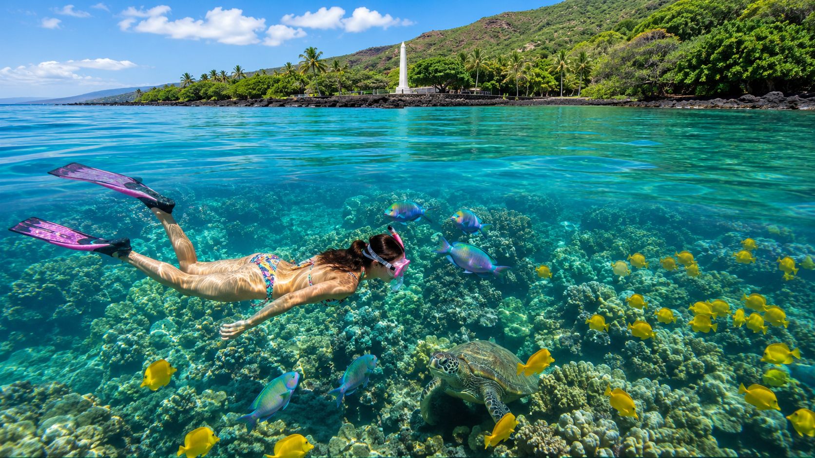 Person snorkeling over coral reef with tropical fish and a turtle, near a lush island coast.