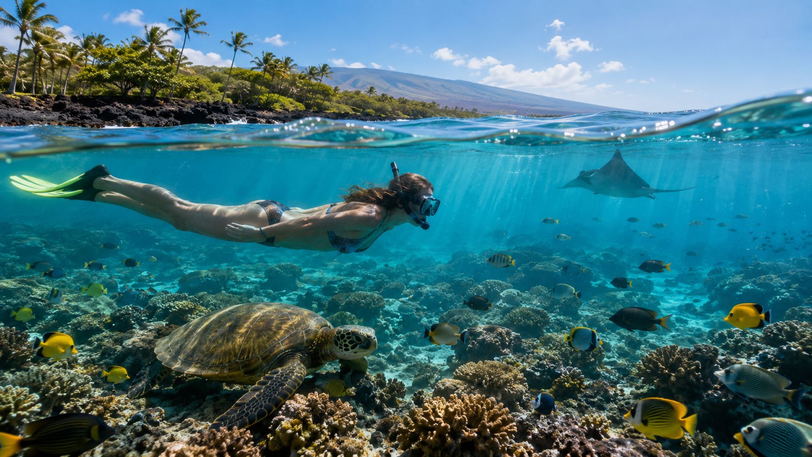 Person snorkeling over coral reef with sea turtle and tropical fish; manta ray in distance.