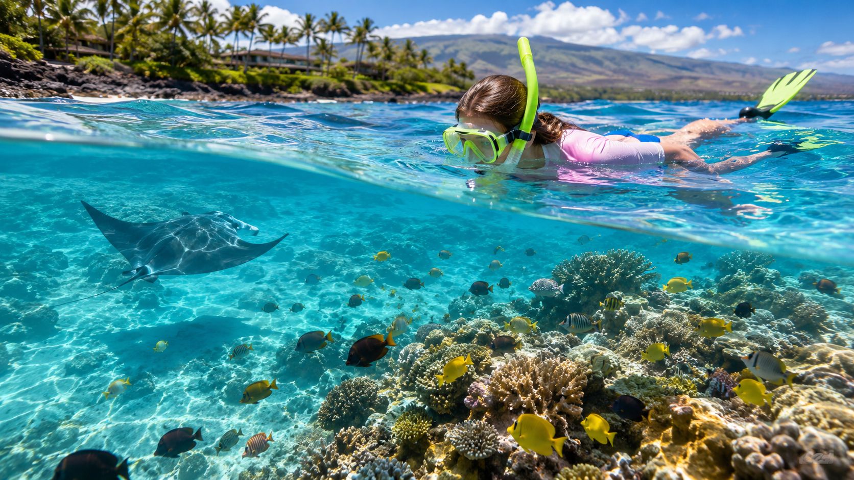 Person snorkeling above coral reef, with fish and a manta ray, near a tropical shore.