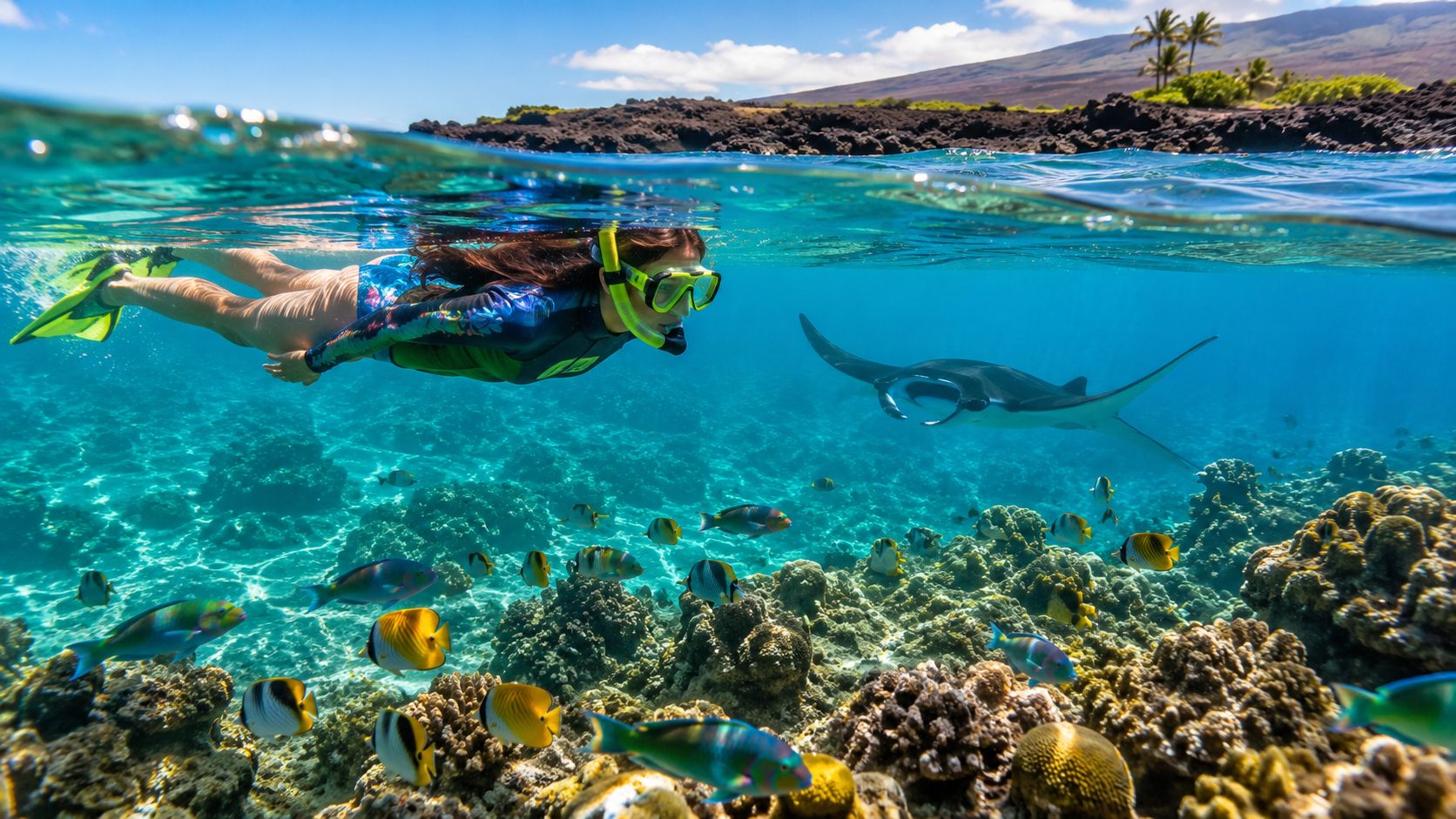 Person snorkeling near coral reef with colorful fish and a manta ray.