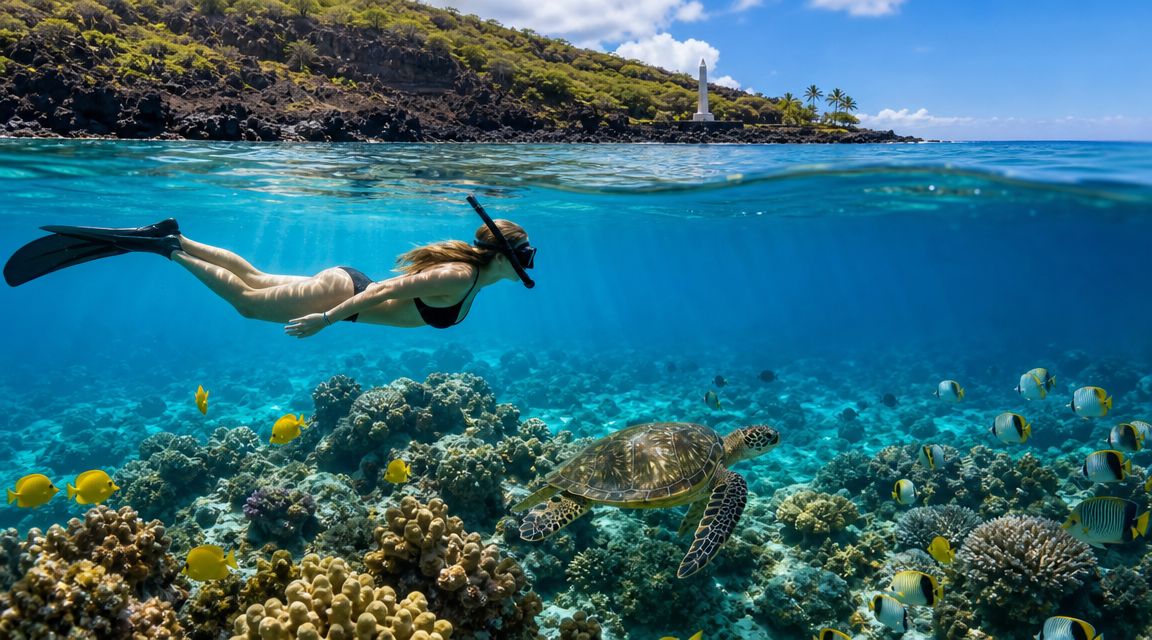 Person snorkeling above coral reef with a sea turtle and tropical fish in clear blue water.