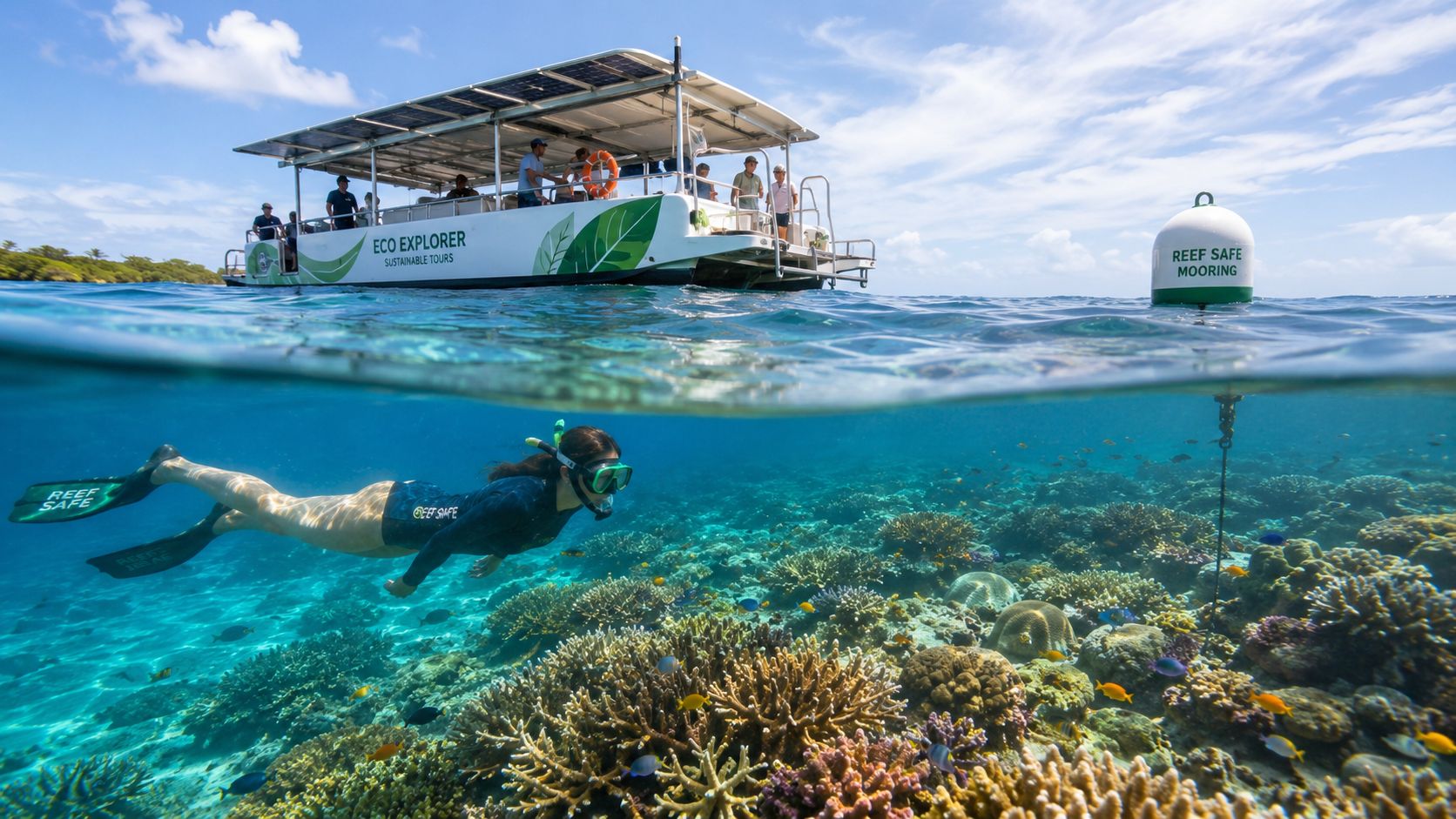 Person snorkeling above coral reef near a tour boat.