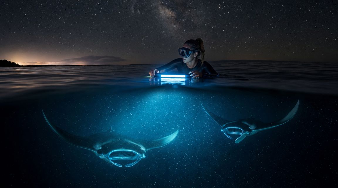 Diver with flashlight watches two manta rays underwater at night.