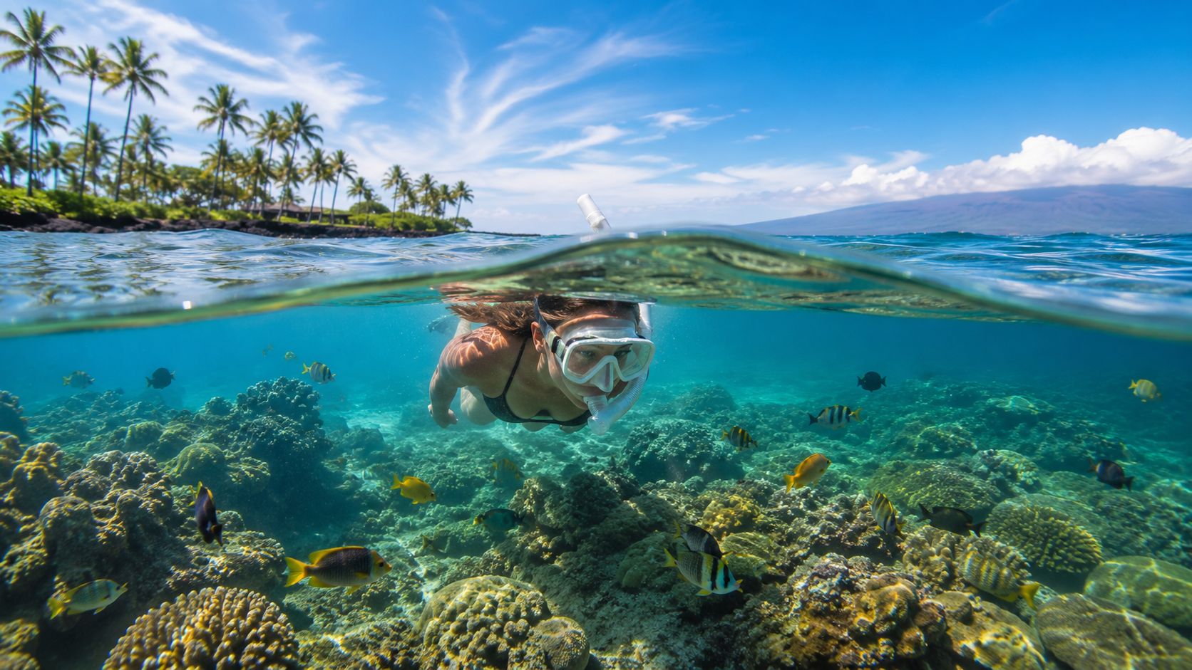 Person snorkeling over coral reef with fish, palm trees, and blue sky visible above waterline.