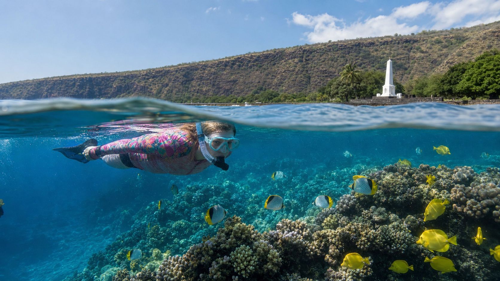 Snorkeler in clear water with coral and fish, monument in background.