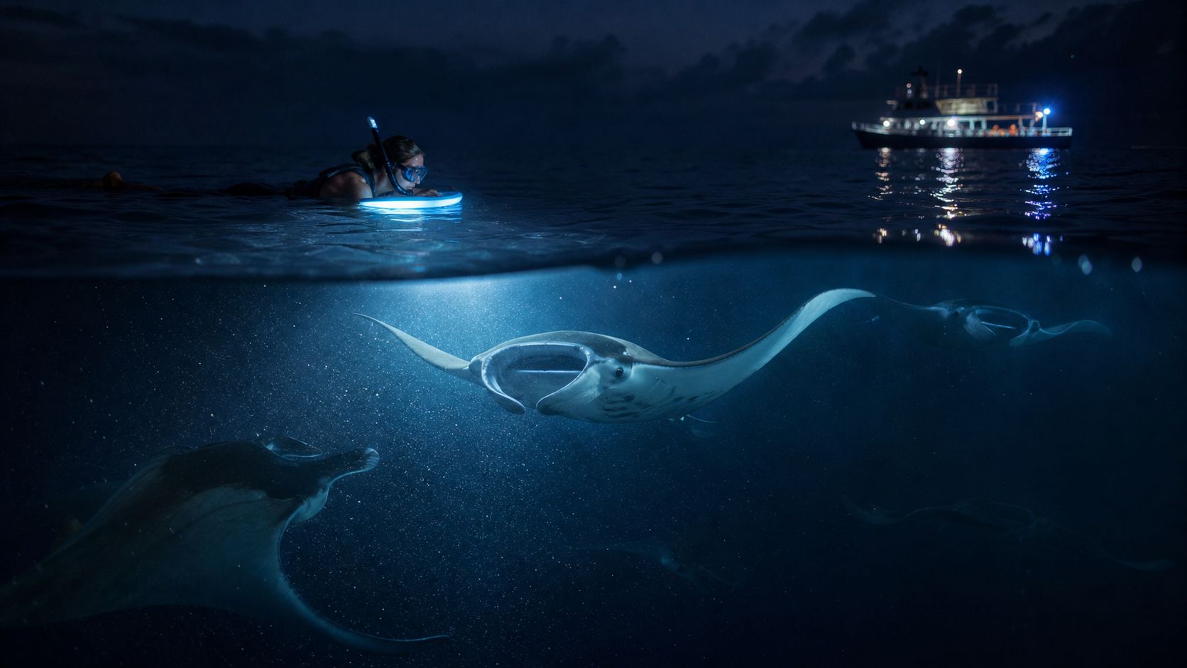 Diver with glowing board and manta rays underwater at night, boat in background.