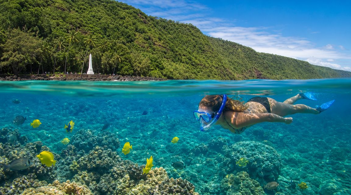 Person snorkeling in clear blue water near a lush green island with tropical fish and coral.