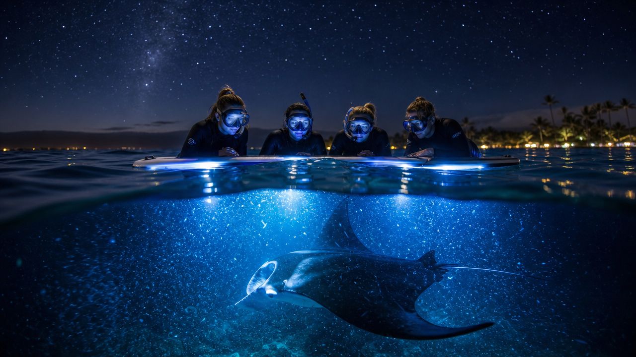 Night snorkelers observe illuminated manta ray underwater.