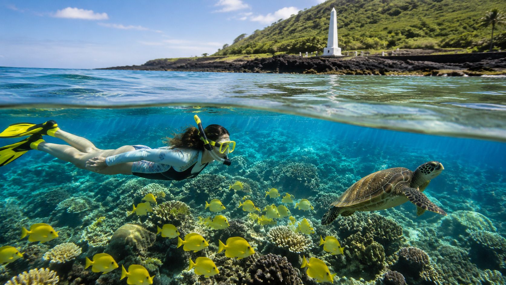 Person snorkeling near a sea turtle and fish in clear water by a shoreline with a white monument.