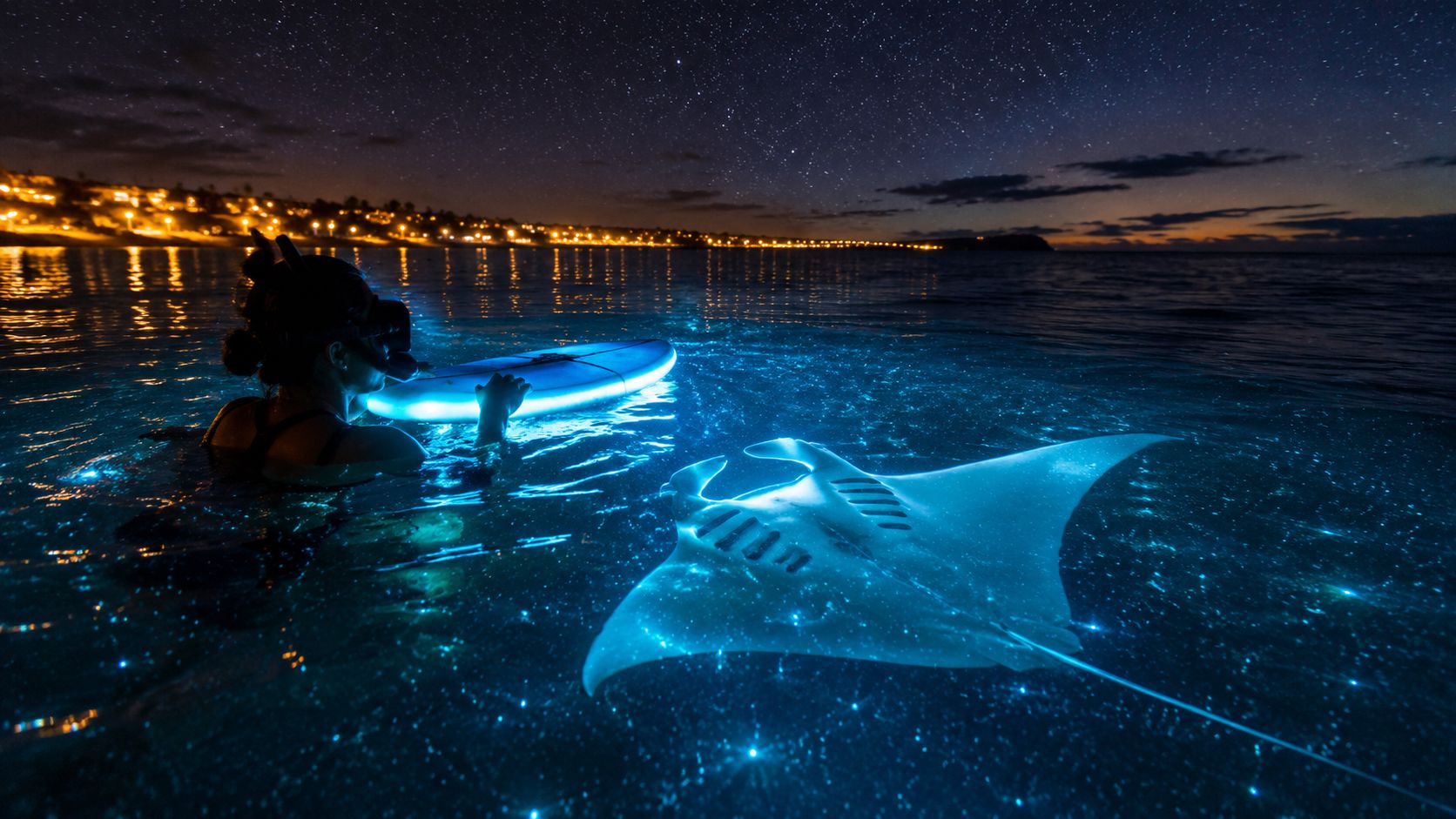 Person with glowing surfboard near a manta ray in bioluminescent ocean at night.