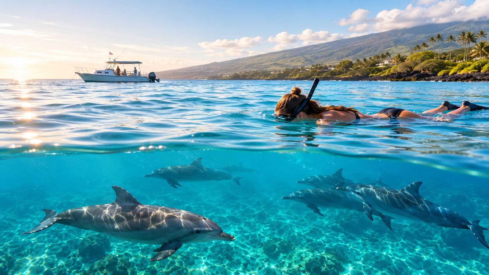 Person snorkeling near dolphins in clear ocean water, with a boat in the background.