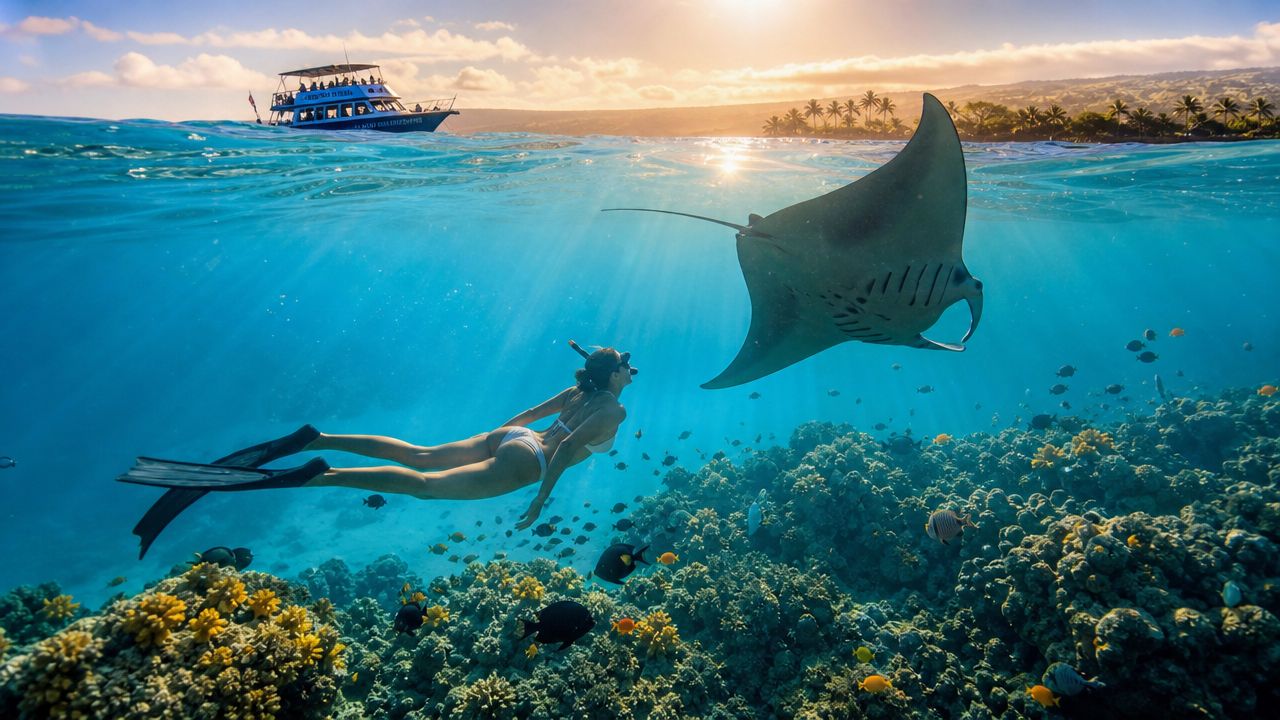 Woman snorkeling near a manta ray over a coral reef with a boat in the background at sunset.