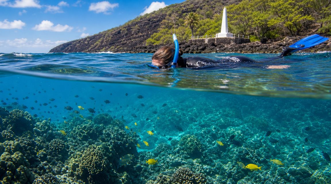 Person snorkeling near coral reef with a monument on the coast in the background.