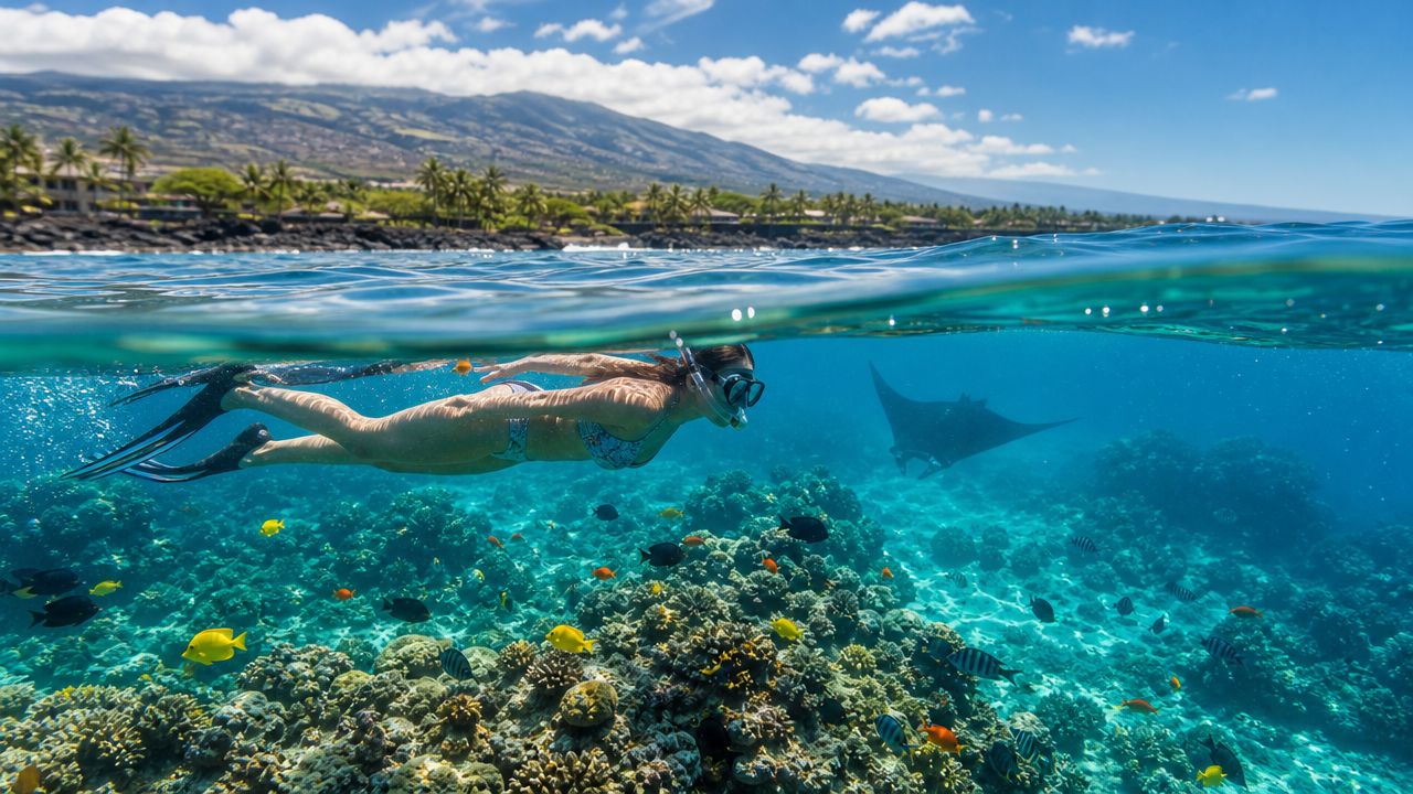 Snorkeler swimming over coral reef with manta ray, clear water, and mountains in background.