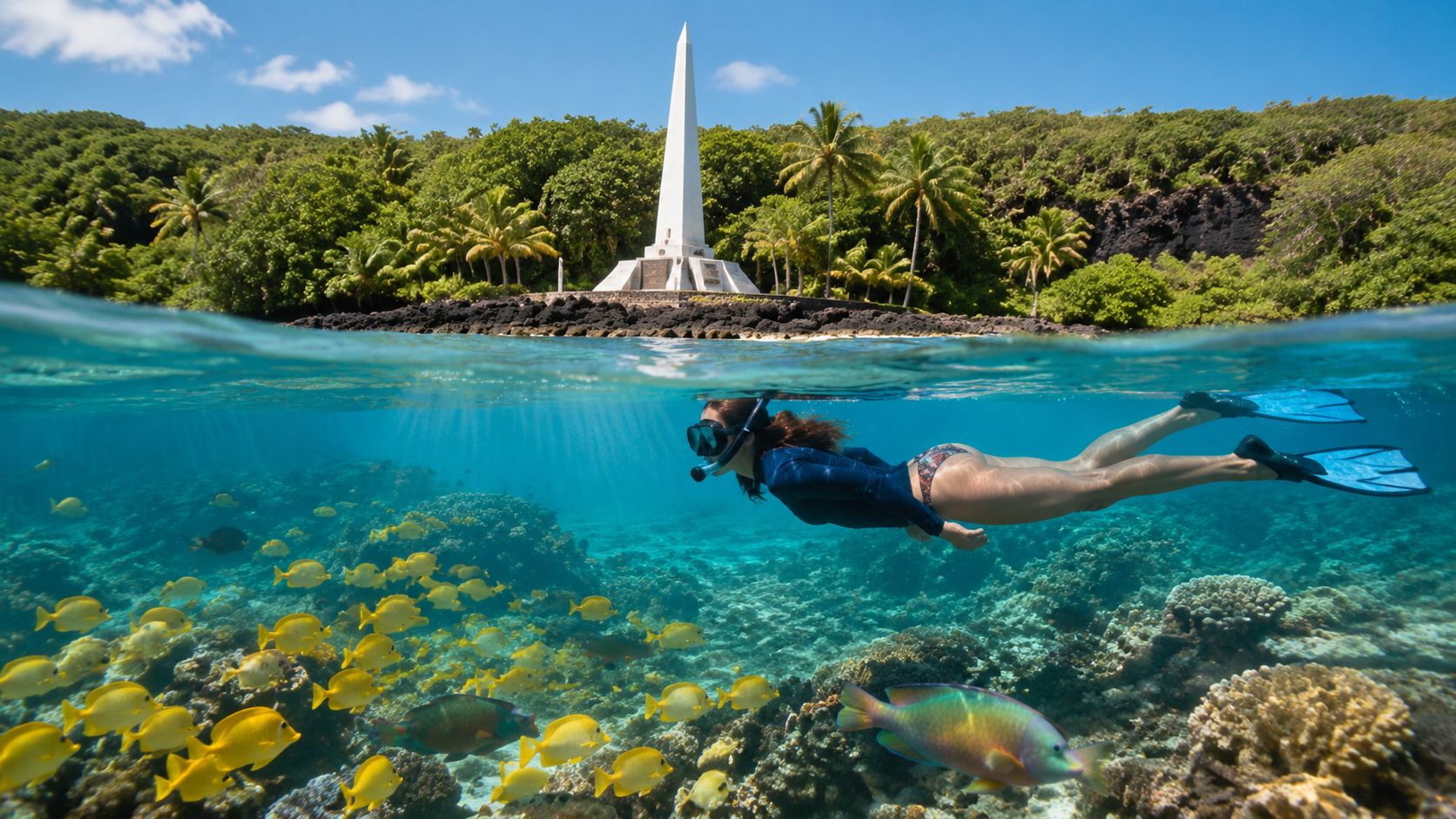 Person snorkeling near tropical fish, with a monument and palm trees in the background.