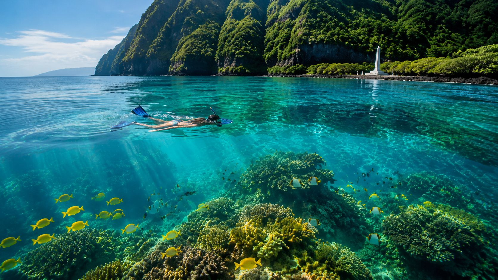 Snorkeler above colorful coral reef with yellow fish, surrounded by clear water and green mountains.