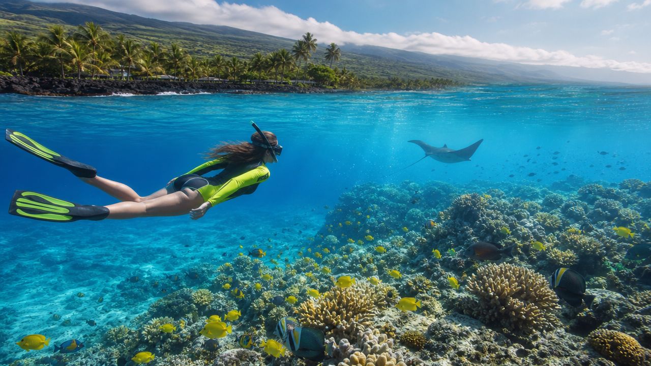 Person snorkeling near coral reef with a manta ray visible in clear blue water.