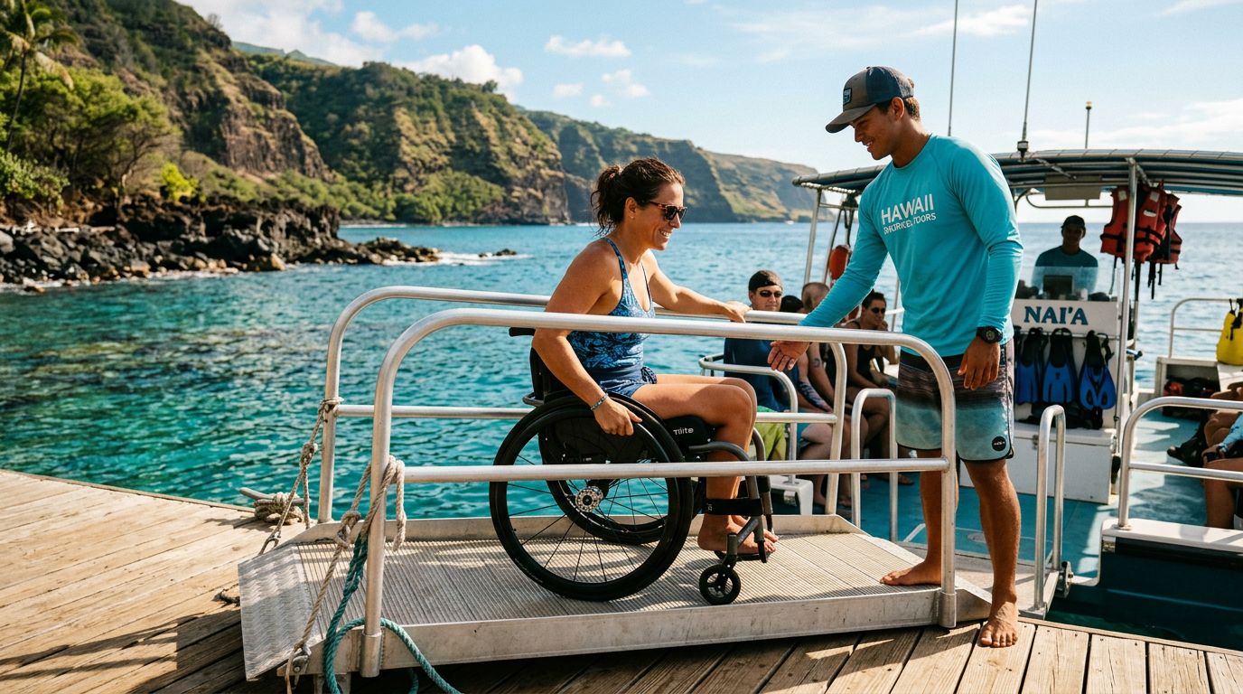 Captain Cook snorkeling with mobility aids: a boat boarding guide