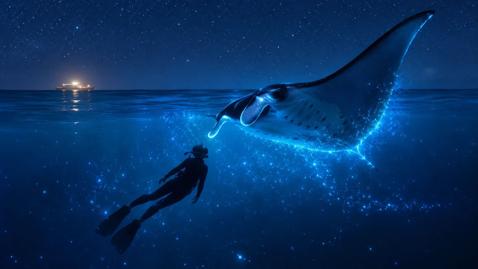 Diver underwater near glowing manta ray at night, with a boat in the background.