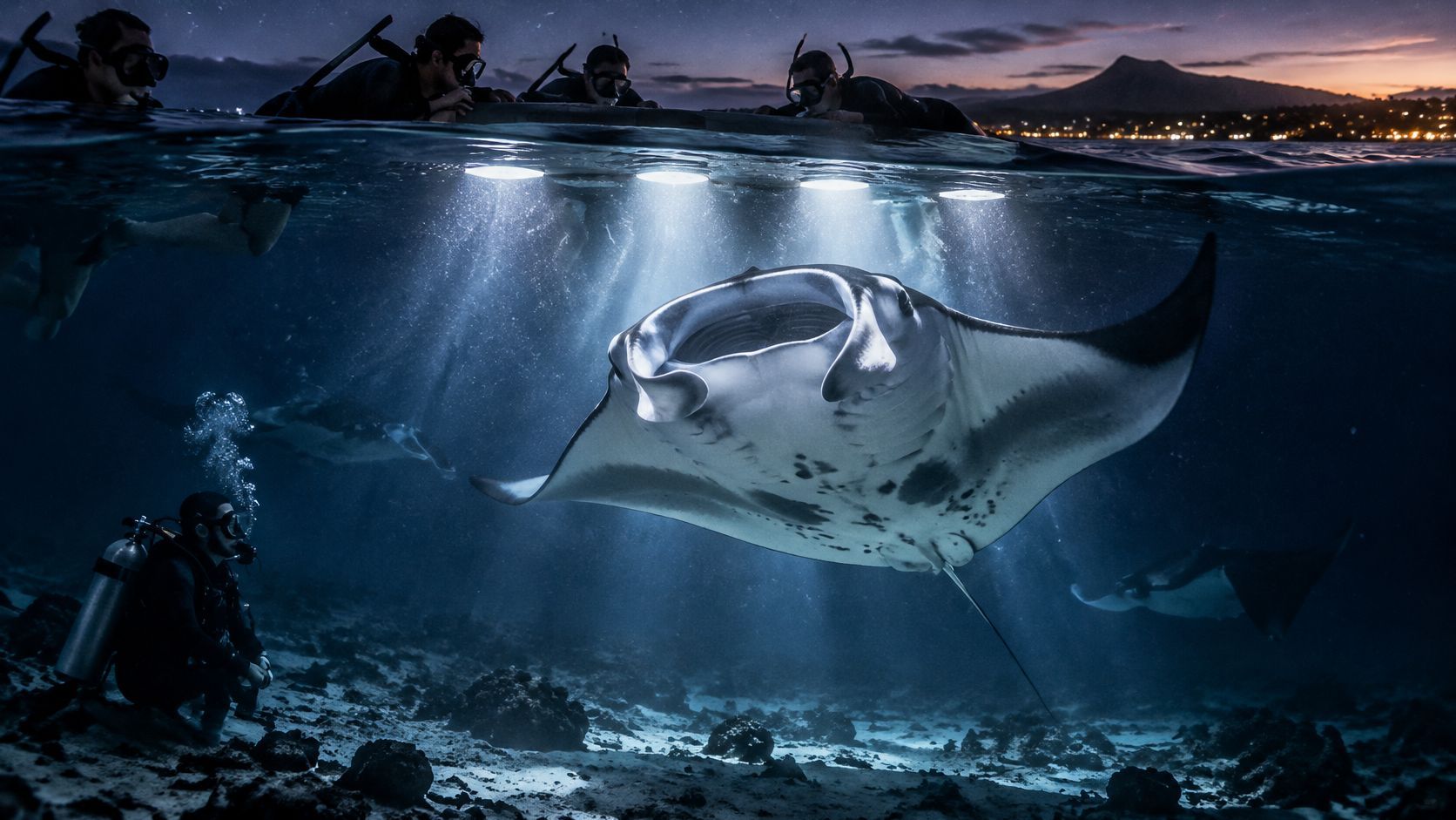 Divers illuminate a manta ray underwater at night with lights.