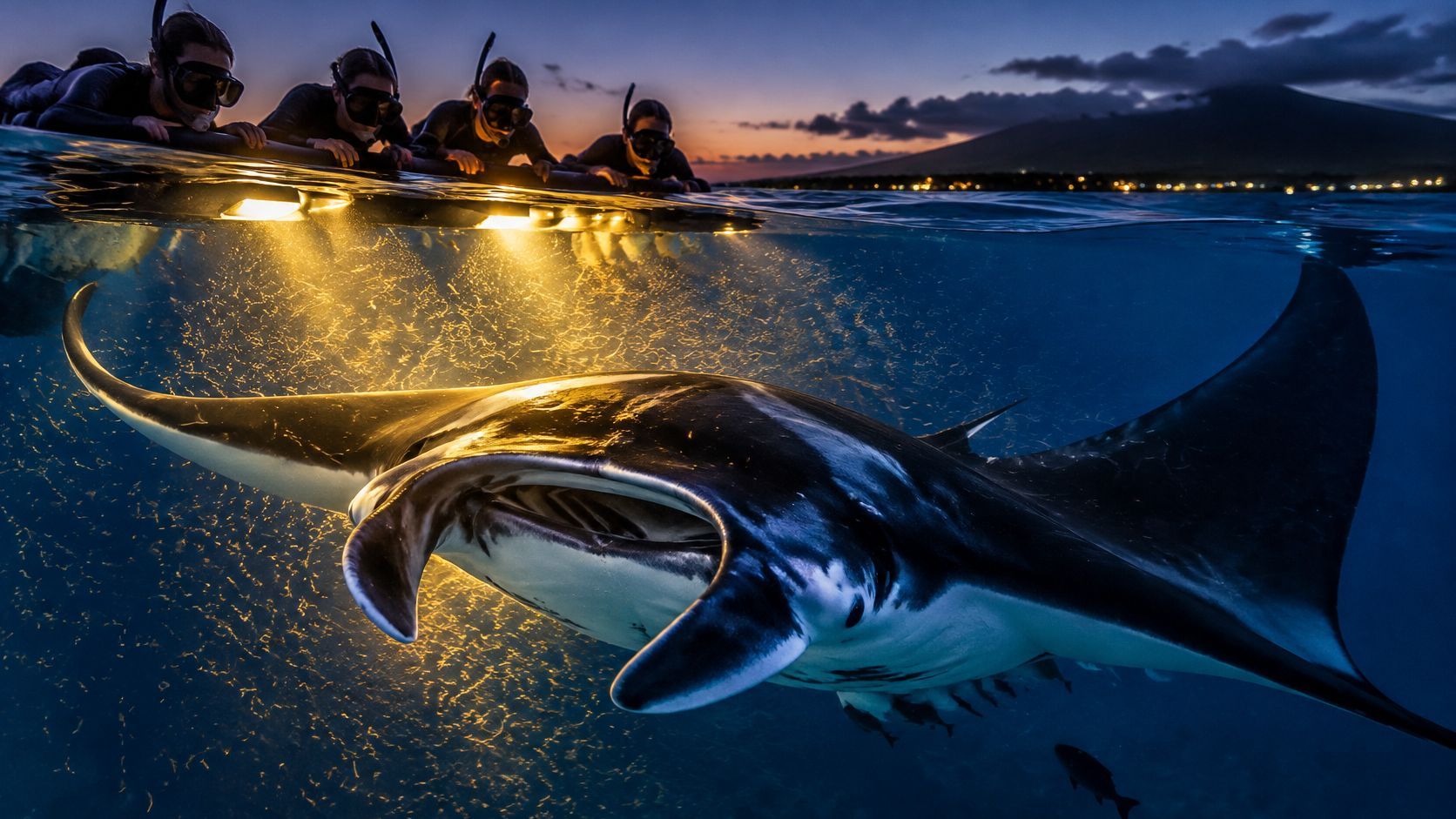 Divers with lights observe a manta ray underwater at dusk.
