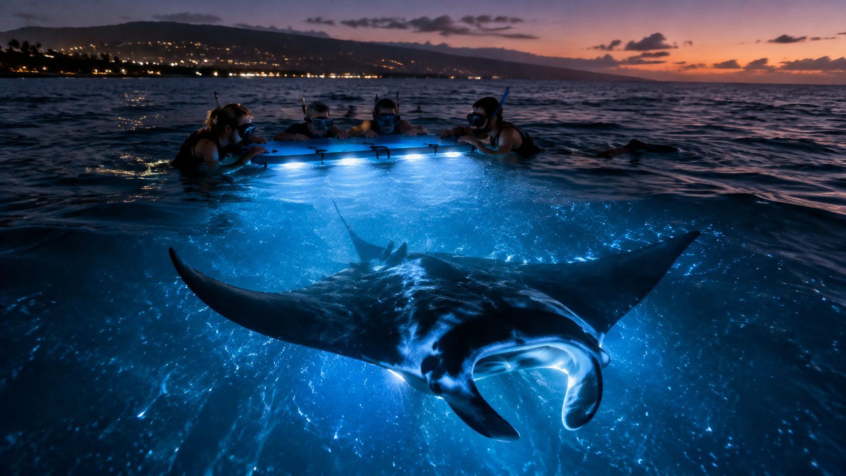 Snorkelers observe a glowing manta ray underwater at sunset.