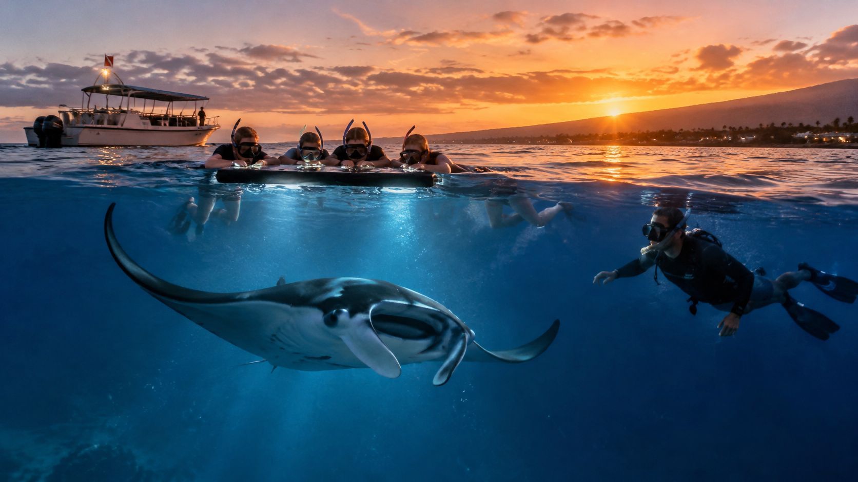 Divers and manta ray underwater at sunset near a boat.