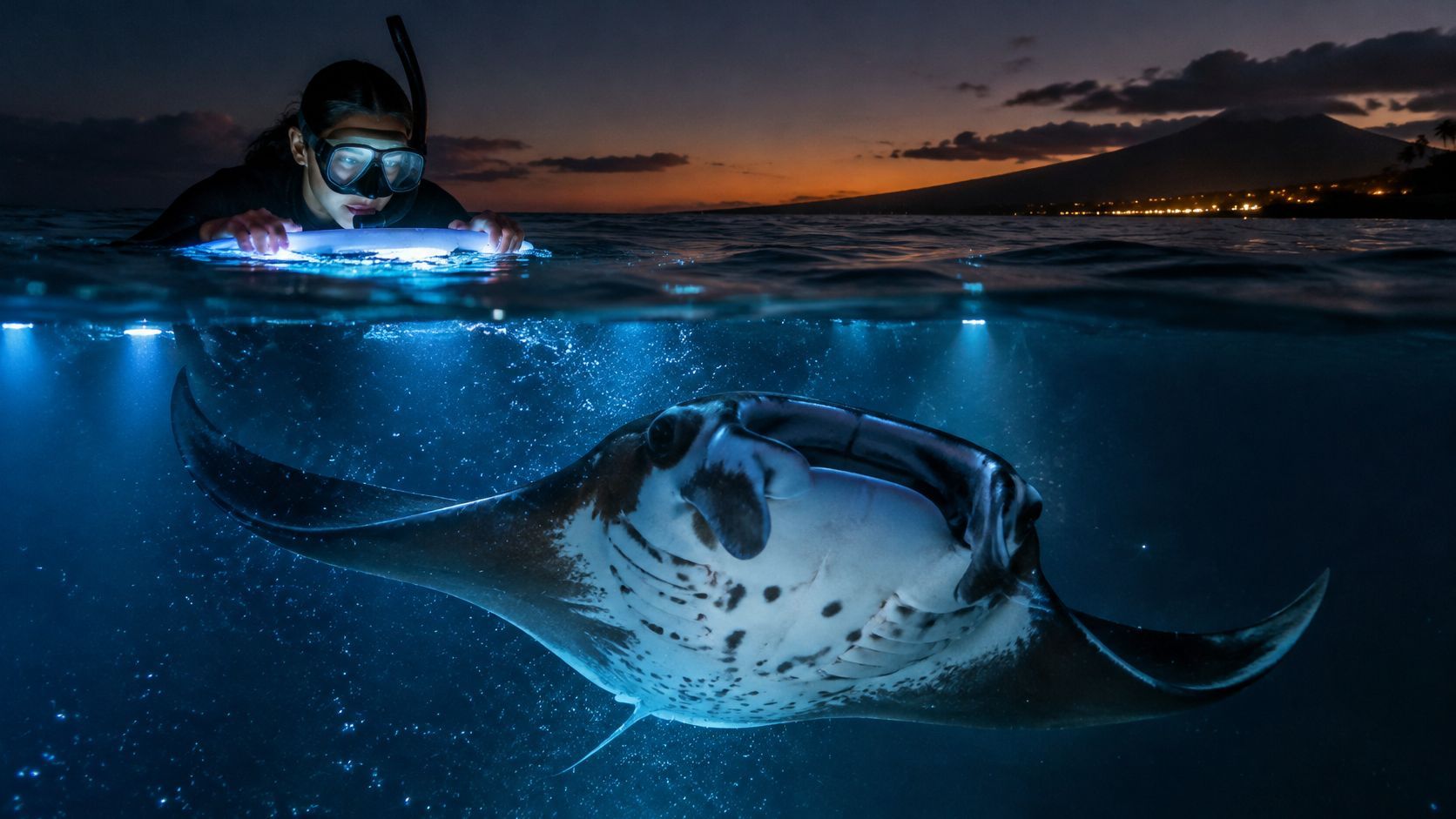 Snorkeler with lights observing a manta ray at sunset near ocean surface.