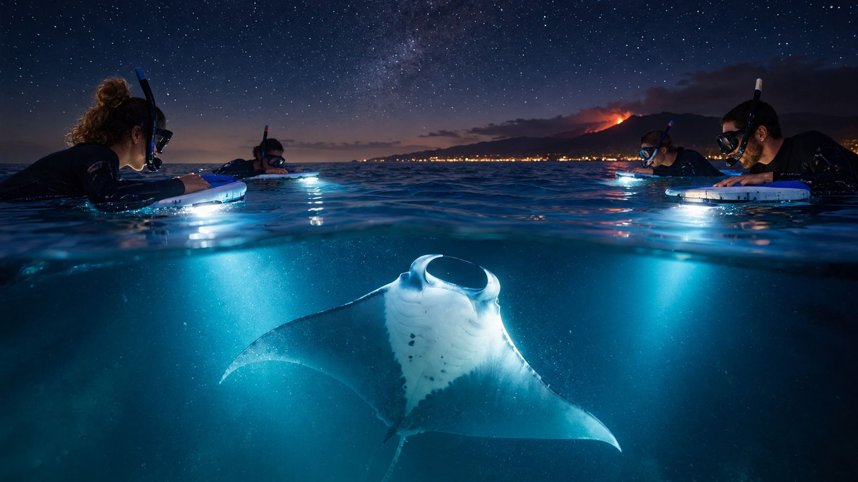 Divers with lights observe a manta ray at night, with stars and a volcano in the background.