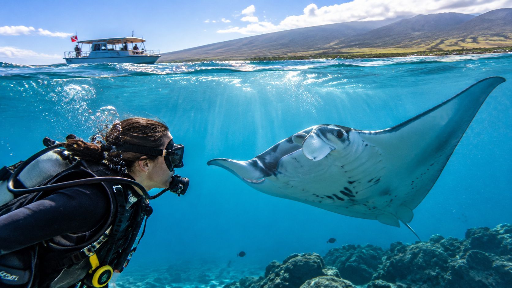 Diver underwater facing a manta ray, with a boat on the surface above.