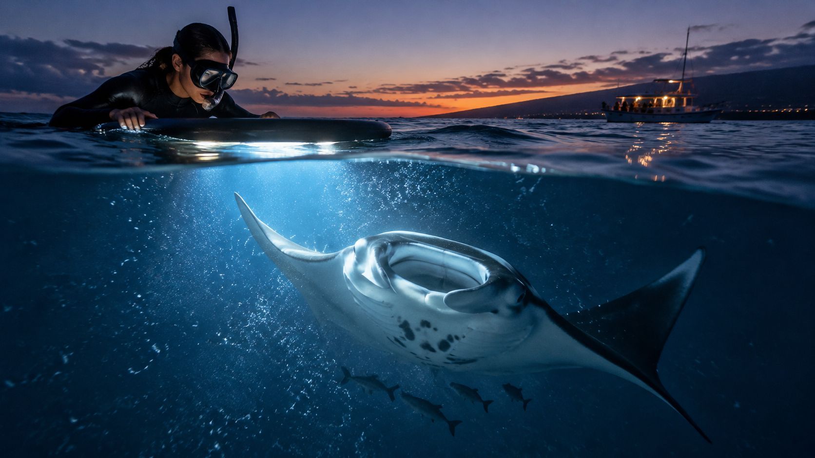 Person snorkeling near a manta ray at sunset with a boat in the background.