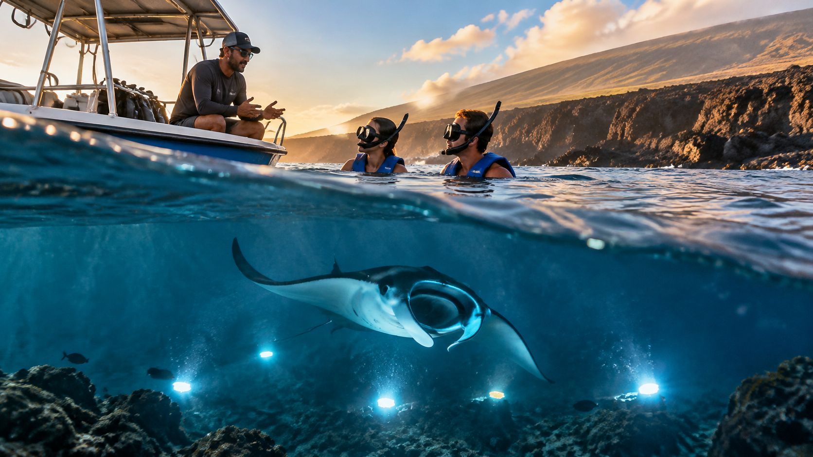 Snorkelers and guide watch a manta ray swim near a boat at sunset.