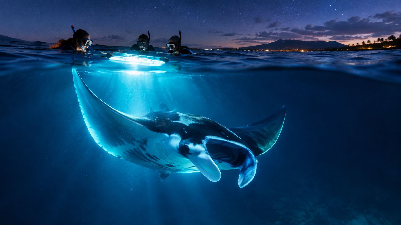 Snorkelers observe a manta ray underwater at night, illuminated by blue light.