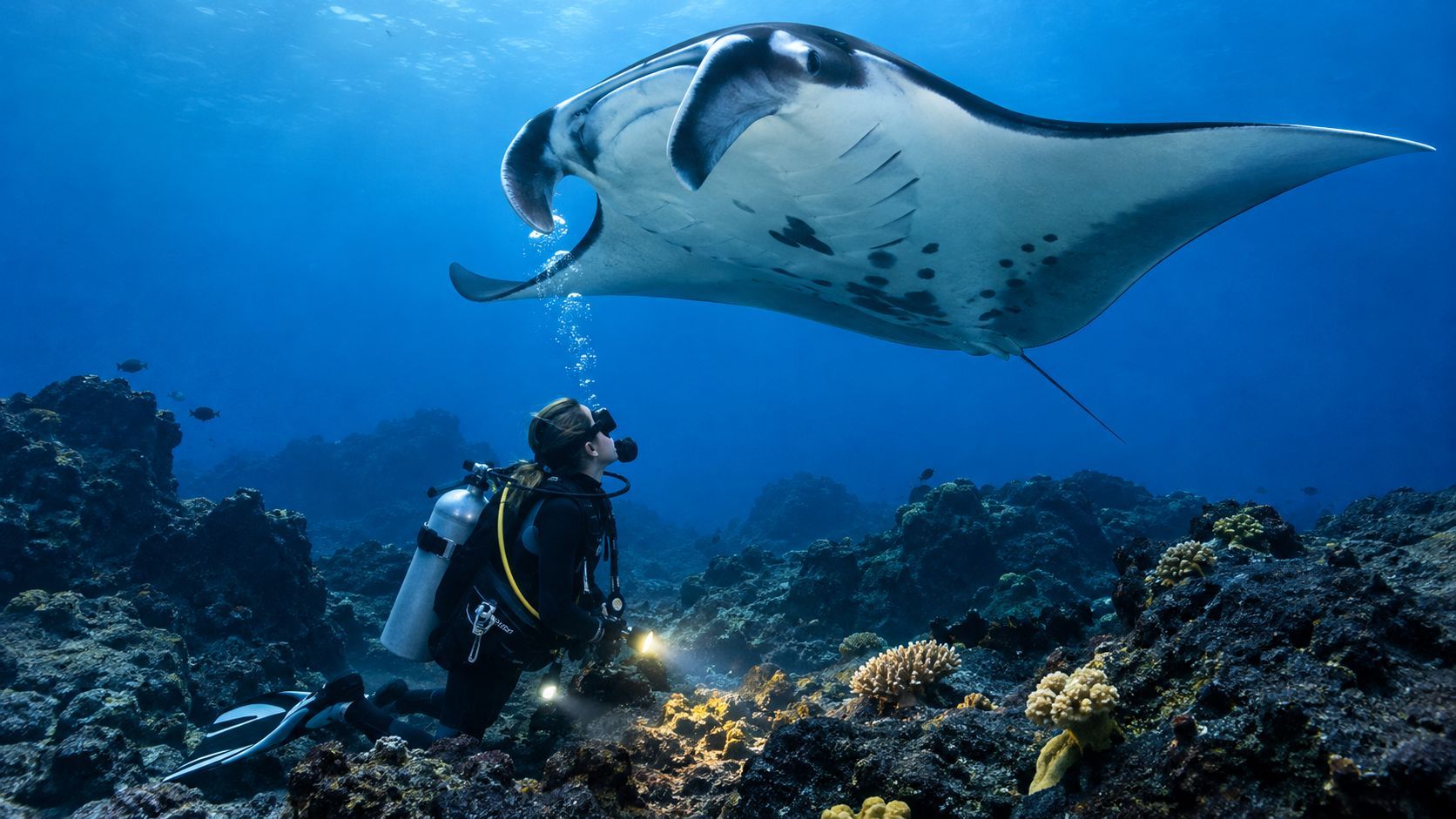 Diver underwater facing a large manta ray above coral reef.