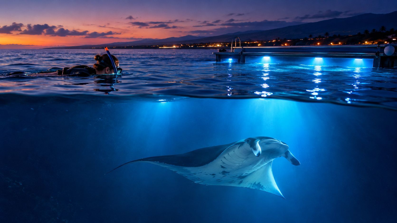 Snorkeler observing a manta ray underwater near illuminated pier at sunset.