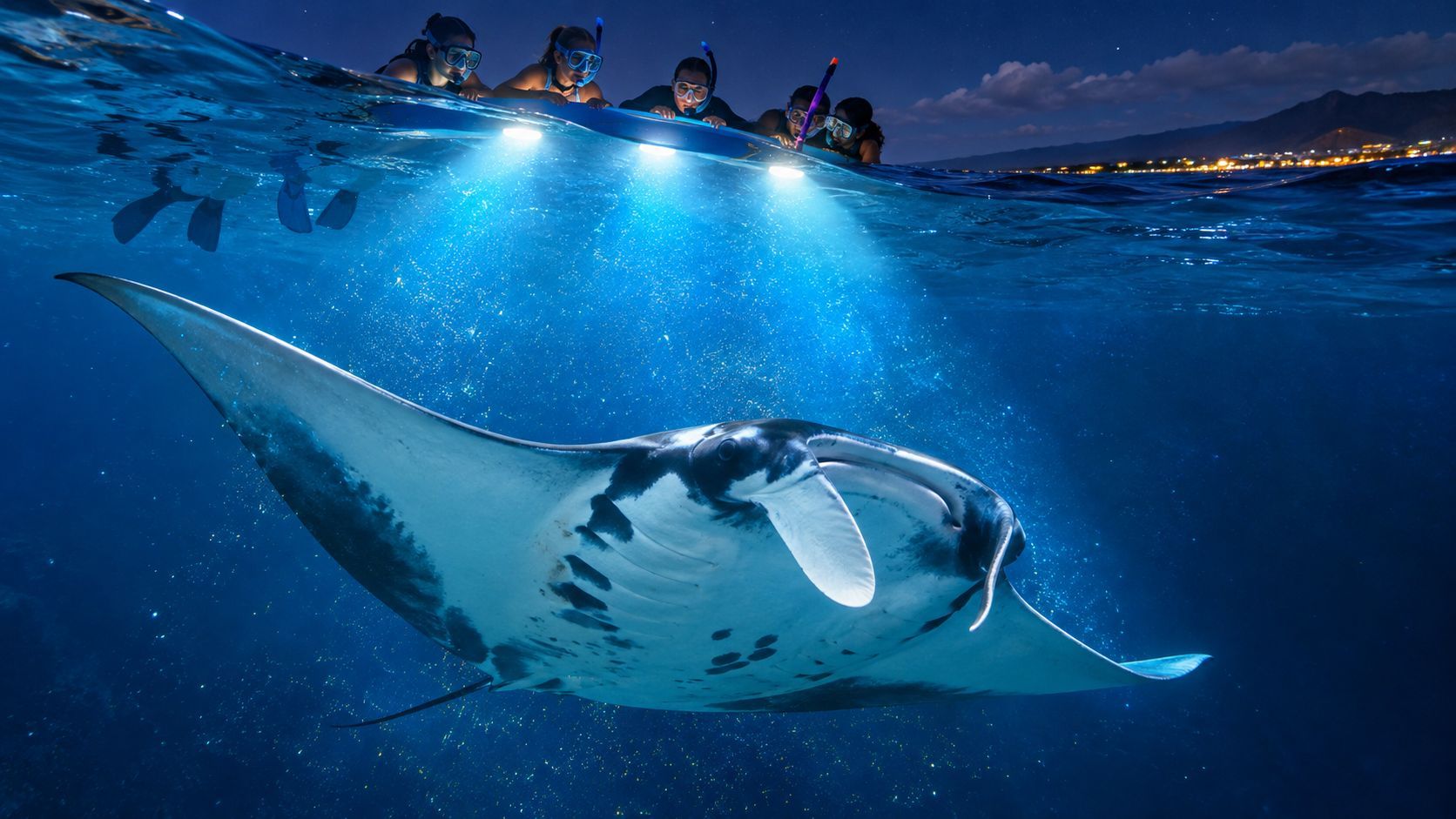 Underwater view of a manta ray swimming beneath snorkelers with lights at night.