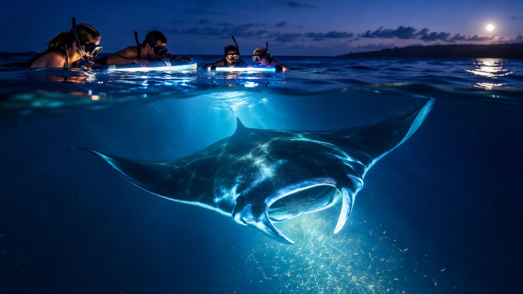 Night divers watch illuminated manta ray swim below the surface.