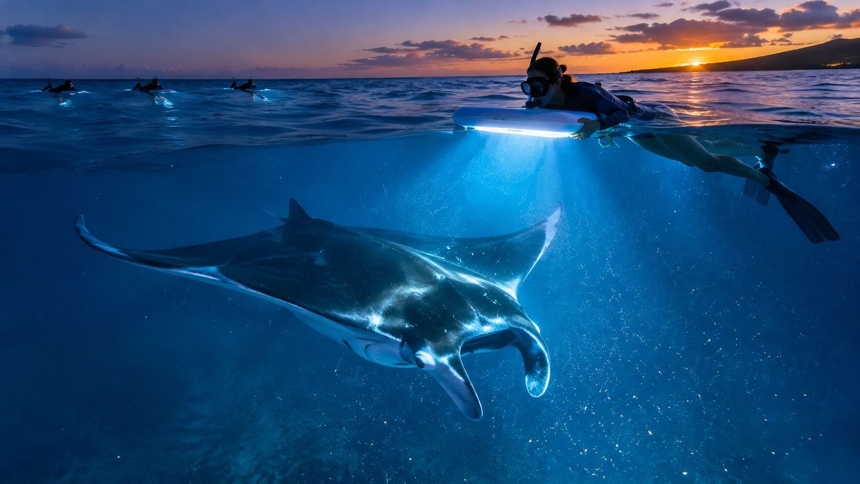 Snorkeler with light swims near a manta ray in ocean at sunset.