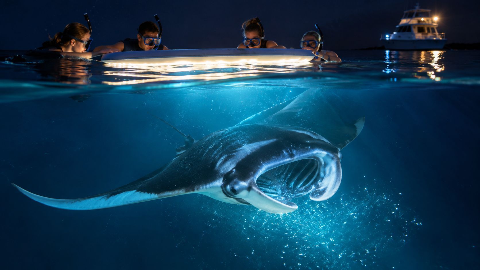 People snorkeling at night above a manta ray illuminated underwater.