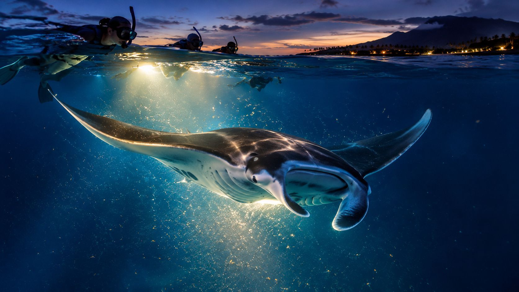 Manta ray swimming under divers with lights at dusk near a coastal town.