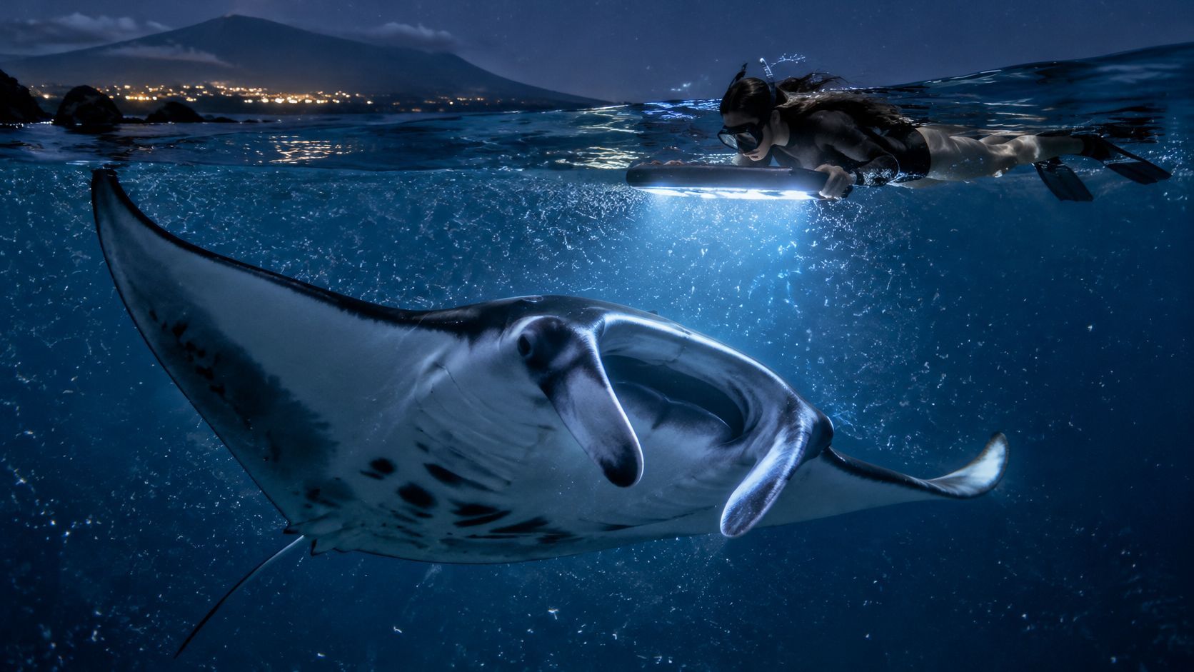 Diver swimming with a manta ray at night near a city with glowing lights.